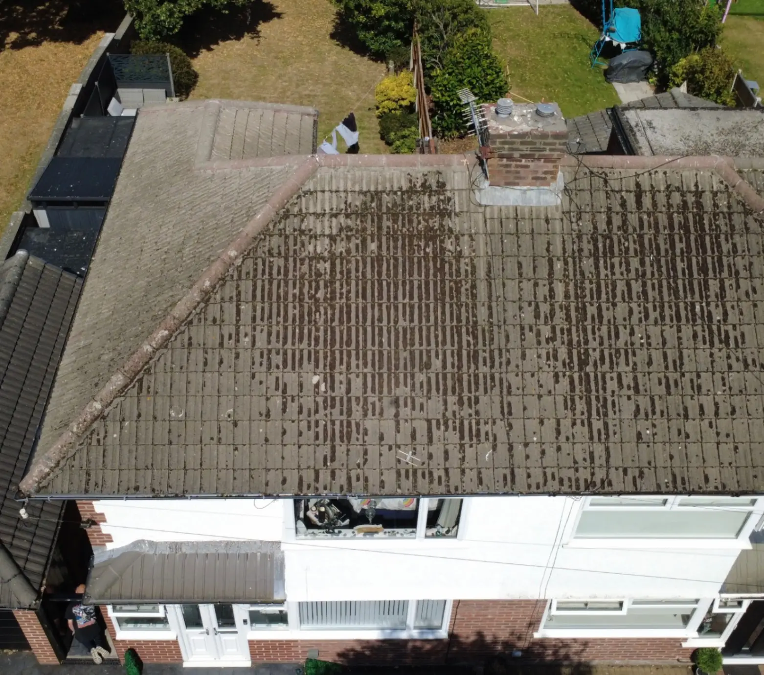 Before: Aerial view of heavily soiled clay tile roof with moss and algae growth across entire surface.