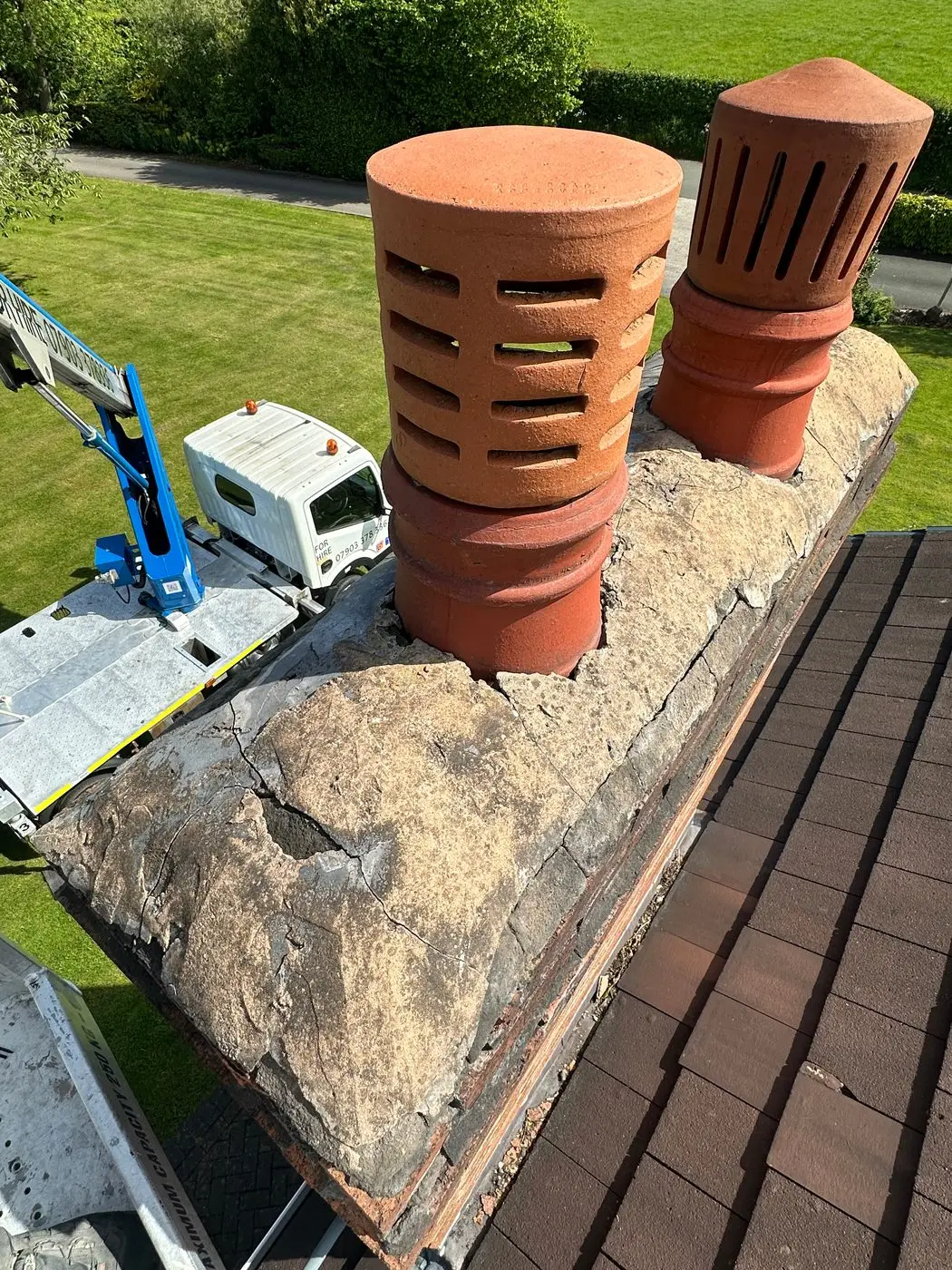 Before: cracked chimney flaunching needing repair